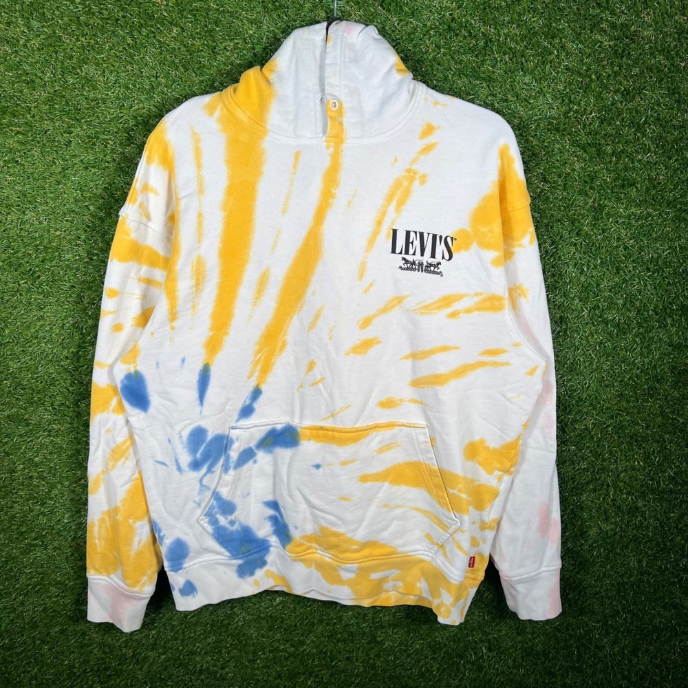 Levis Mens Relaxed Fit Tie Dye Hoodie Sweatshirt Yellow Blue‎ White Medium
